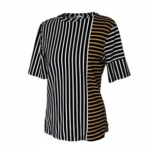 DEREK LAM 10 CROSBY Navy Gold Stripe Short Sleeve Cotton Tee S/P